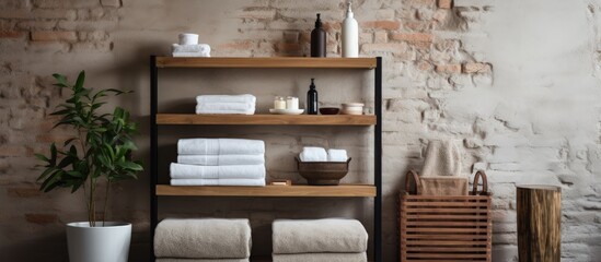Towel and toiletry storage near wall
