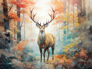 A deer in autumn forest calm and peacful in watercolor and acrylic style - obrazy, fototapety, plakaty