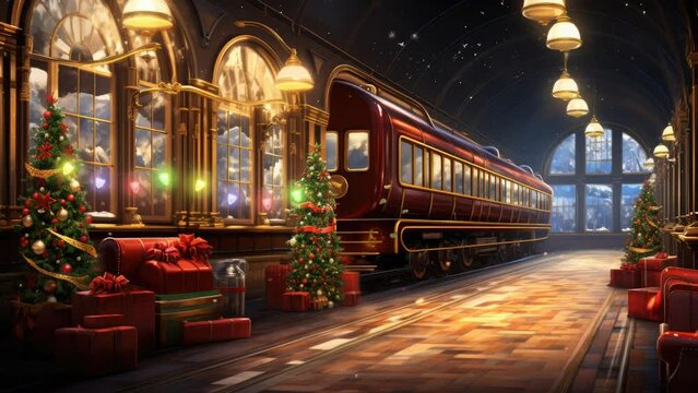 train at night with christmas decorations. seamless looping time-lapse virtual video animation background.	