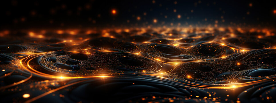 Abstract futuristic glowing gold waves dark wallpaper. Technology, digital data concept. AI