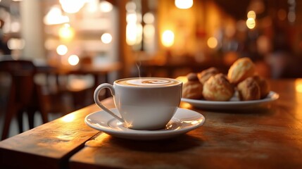 Warm and Cozy Coffee Break with Freshly Brewed Cappuccino and Delicious Pastries in a Rustic Café Setting