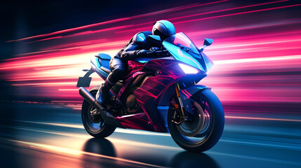 The futuristic racing motorcycle on a speedway, high-speed blur zoom effect, neon color motion. Racing motorcycle in motion.The illustration with neon lights, a motorcycle, and a road. Generative AI. - obrazy, fototapety, plakaty