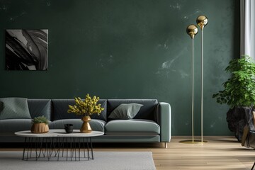 Loft interior of living room with gray sofa on dark green wall, Generative AI 