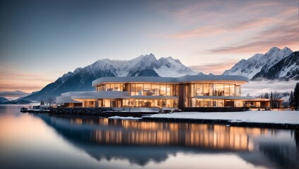 Fototapeta na wymiar Modern futuristic architecture home reflected in lake surrounded by mountains design concept background, architectural banner with copy space text 