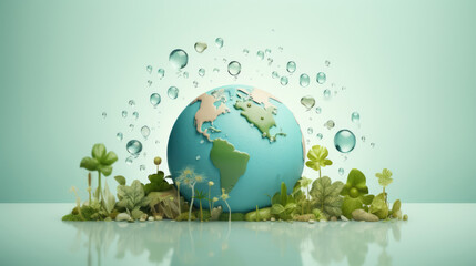 Paper Craft,  Globe surrounded by water droplets and conservation symbols,  emphasizing the need to save water