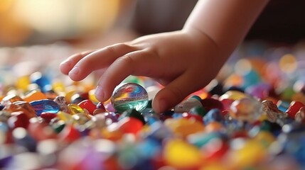Fototapeta premium Child Engrossed in Playing Marbles, Hands and Marbles Vividly Detailed, with Blurred Play Tools in the Foreground and a Gentle Soft-Focus Playground Scene in the Background