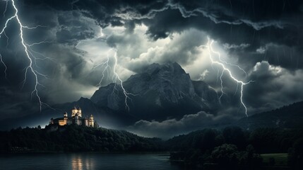an awe-inspiring and dramatic image of a valley with a thunderstorm and lightning