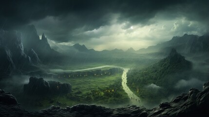 an awe-inspiring and dramatic image of a valley with a thunderstorm approaching - Powered by Adobe