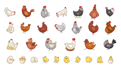 Hen rooster and chick. Cute chicken farm characters. Vector drawing. Collection of design elements.