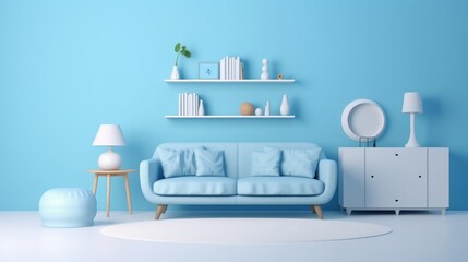 Stylish minimalist monochrome interior of modern cozy living room in white and pastel blue tones. Trendy couches, commode, coffee table, wall shelves. Creative home design. Mockup, 3D rendering.