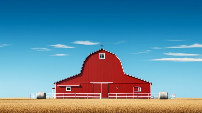 an elegant AI image of a traditional red barn against a clear blue sky