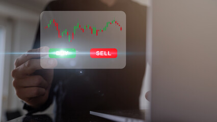 Stock market, planning and strategy, crypto, Business growth, progress or success concept. Businessman or trader is showing a growing virtual hologram stock, buy and sell price invest in trading.
