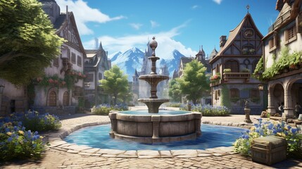an elegant AI image of a serene village square with a bubbling spring fountain