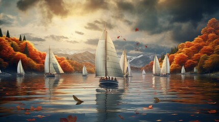 an elegant AI image of a lakeside regatta with sailboats racing on the water - obrazy, fototapety, plakaty