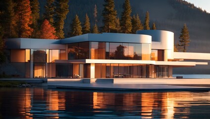 Modern futuristic architecture home reflected in lake surrounded by mountains design concept background, architectural banner with copy space text 