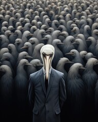 Obraz premium Avian Businessman with Surreal Beak Head Standing Among Flocks