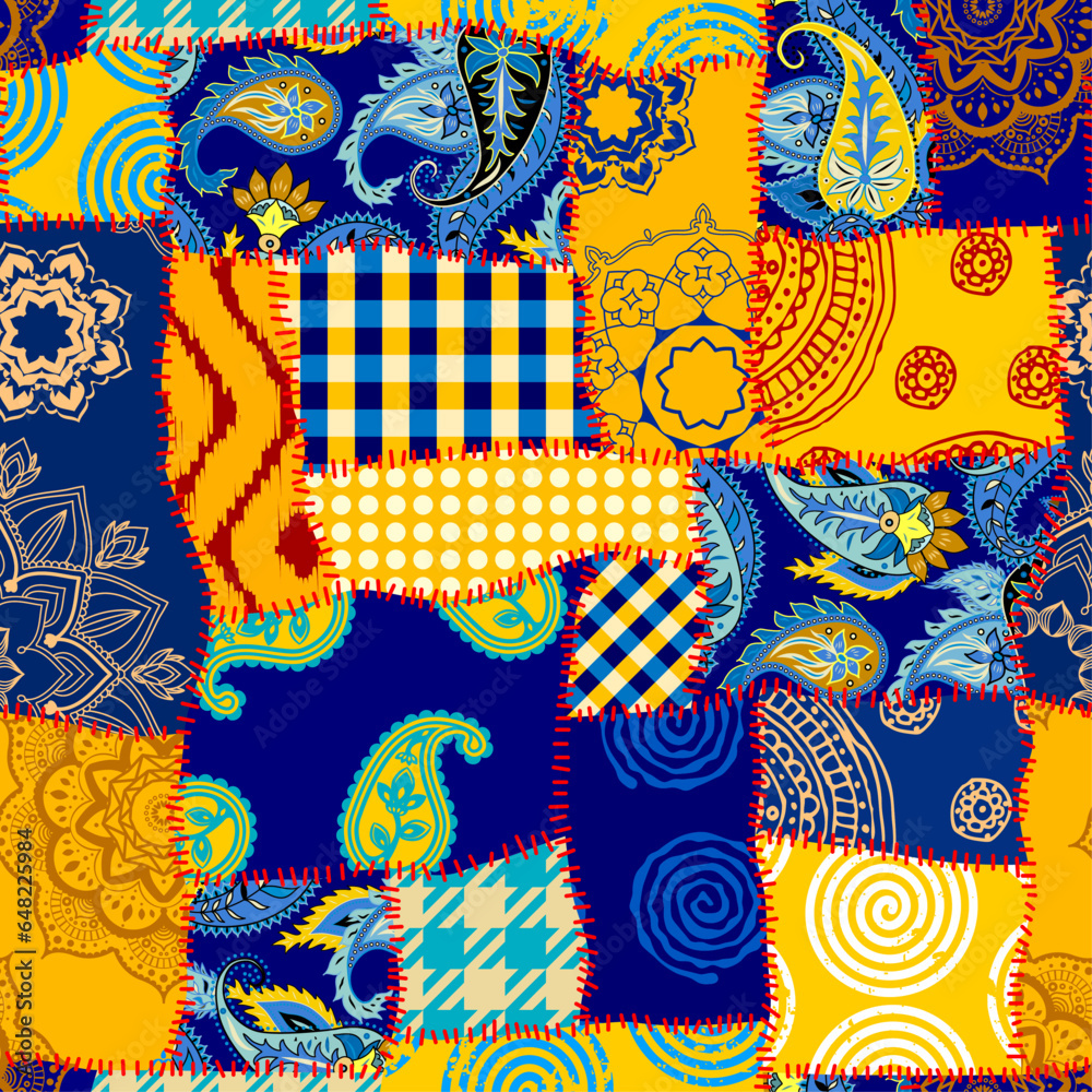 Poster Textile patchwork pattern with blue and yellow colors. Vector image
