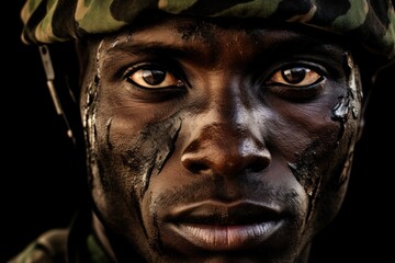 Portrait of a black african military soldier with camouflage uniform and equipment in Niger - obrazy, fototapety, plakaty