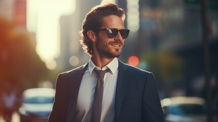 Smiling American Businessman in Suit, City Stroll, AI Generated