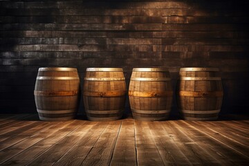Wooden barrels on a pallet in a cellar with empty space. Generative AI