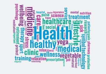 Illustration in the form of a cloud of words related to Health