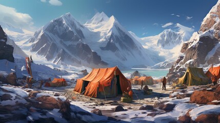 an elegant AI image of a mountaineering base camp with colorful tents and gear - obrazy, fototapety, plakaty