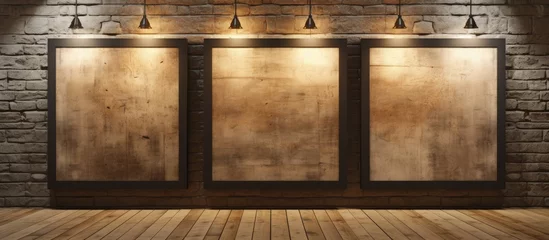 Poster Spotlights illuminate stone wall and wooden floor with three blank frames © AkuAku