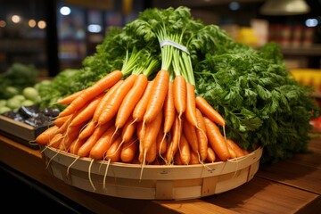 Bunch of carrots  on wooden counter with fresh vegetables in farmers market or supermarket, close up - Powered by Adobe
