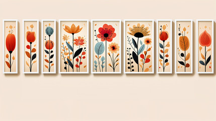 Nine-piece set of trendy botanical flowers, framed abstract pictures for wall decor, wallpaper or background. AI generated.