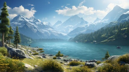 an elegant AI image of a crystal-clear lake nestled in a pristine alpine valley
