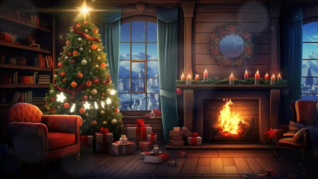 fireplace with christmas decorations. seamless looping time-lapse virtual video animation background.	
