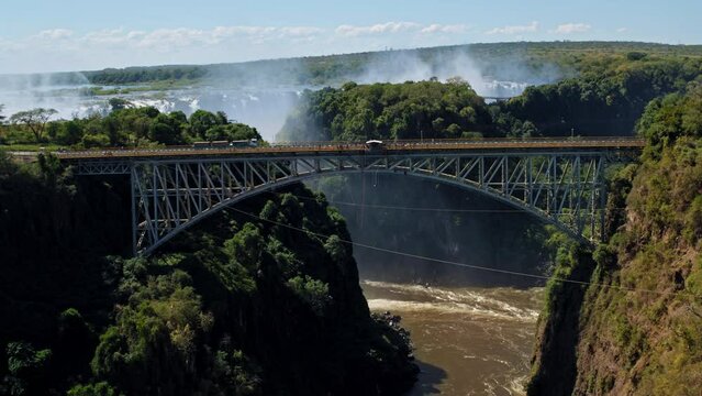 Cinematic Drone Over Bungee Jumpers to Victoria Falls