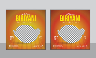 Biryani social media post design, Fast food for restaurant, special food template, promotion or advertising design, web banner for marketing, Chicken Biriyani
