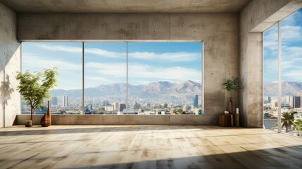 Interior of open space room in modern urban building for office or loft studio. Concrete walls and floor, home decor, houseplants. Floor-to-ceiling windows with city view. Mockup, 3D rendering.