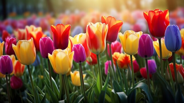 an elegant AI image of a vibrant tulip garden with rows of colorful flowers