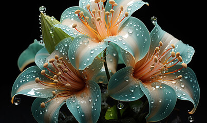 Blue water lilies with water drops on petals and leaves.