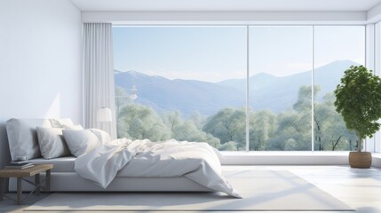 Interior of white minimalist scandi bedroom in luxury villa or hotel. Large comfortable bed, plant in a pot, panoramic window overlooking scenic landscape. Ecodesign. Mockup, 3D rendering.