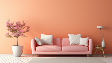 Stylish monochrome interior of modern cozy living room in pastel orange and pink tones. Trendy couch, coffee table with table lamp, exotic houseplant. Creative home design. Mockup, 3D rendering.