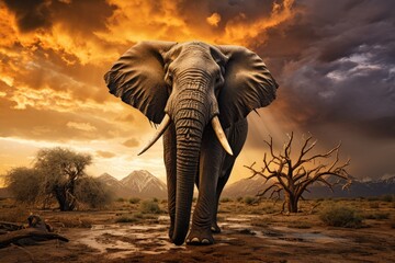 Fototapeta na wymiar One adult African Elephant in the plains at sunset