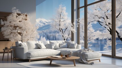 Interior of minimalist scandi living room in luxury villa. White walls, stylish cushioned furniture, coffee table, panoramic windows overlooking scenic winter landscape. Ecodesign. 3D rendering.