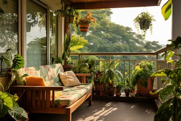 Fototapeta premium A porch with plant-filled balconies and a sofa, offering views of nearby balconies. Generative AI