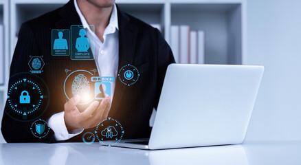 virtual reality technology Business data analysis, using KPI Dashboard on virtual screens, data storage technology and working using state of the art technology.