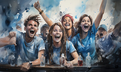 Watercolor, a group of young people having fun in a bar. - obrazy, fototapety, plakaty