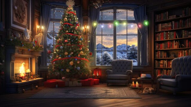 sitting room with christmas decorations. seamless looping time-lapse virtual video animation background.	