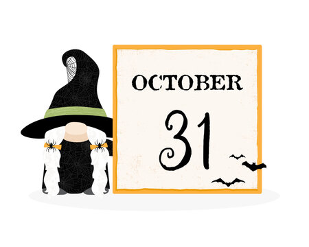 A Halloween gnome witch with October 31 date, in a cut paper style with textures
