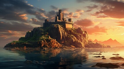 an elegant AI image of an island castle perched on a rocky promontory - obrazy, fototapety, plakaty