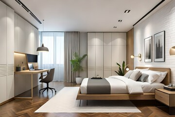 Bright and clean modern bedroom in Scandinavian style