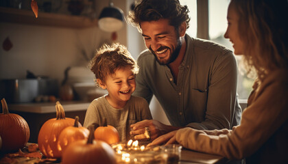 Familia feliz. Padre e hijos se preparan para Halloween. Están tallando calabaza.Ambiente familiar con luz tenue calida. Ia generado.