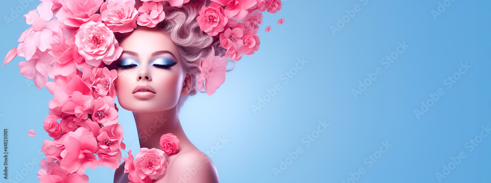 Wall mural beauty art girl blonde with pink flowers in her hair and professional makeup, on a studio blue banne