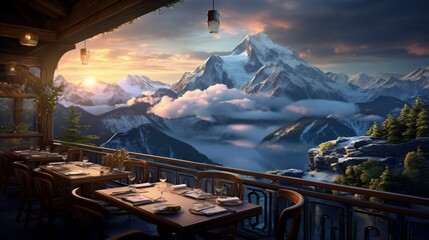 an elegant AI image of a mountaintop restaurant with breathtaking mountain vistas